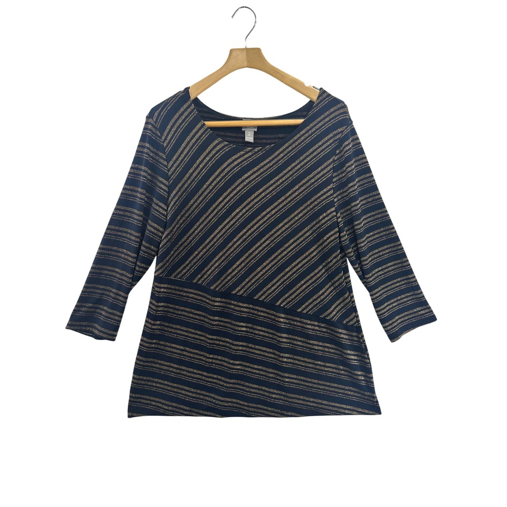 Travelers by Chico's Striped Sparkle Top 3/4 Sleeve Blue Gold Size 2